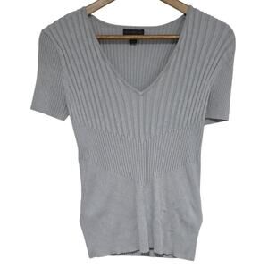 Womens Sz L Gray Silk Blend Y2K Fairy Grunge Ribbed Stretchy V-Neck Knit Top